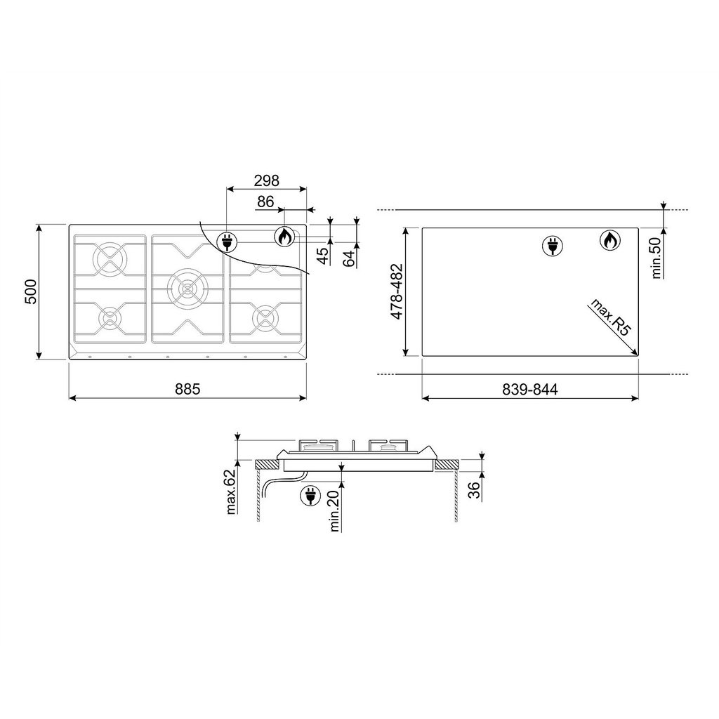 Anafe SMEG Gas 90 cm 5H SRV596GH5-AR