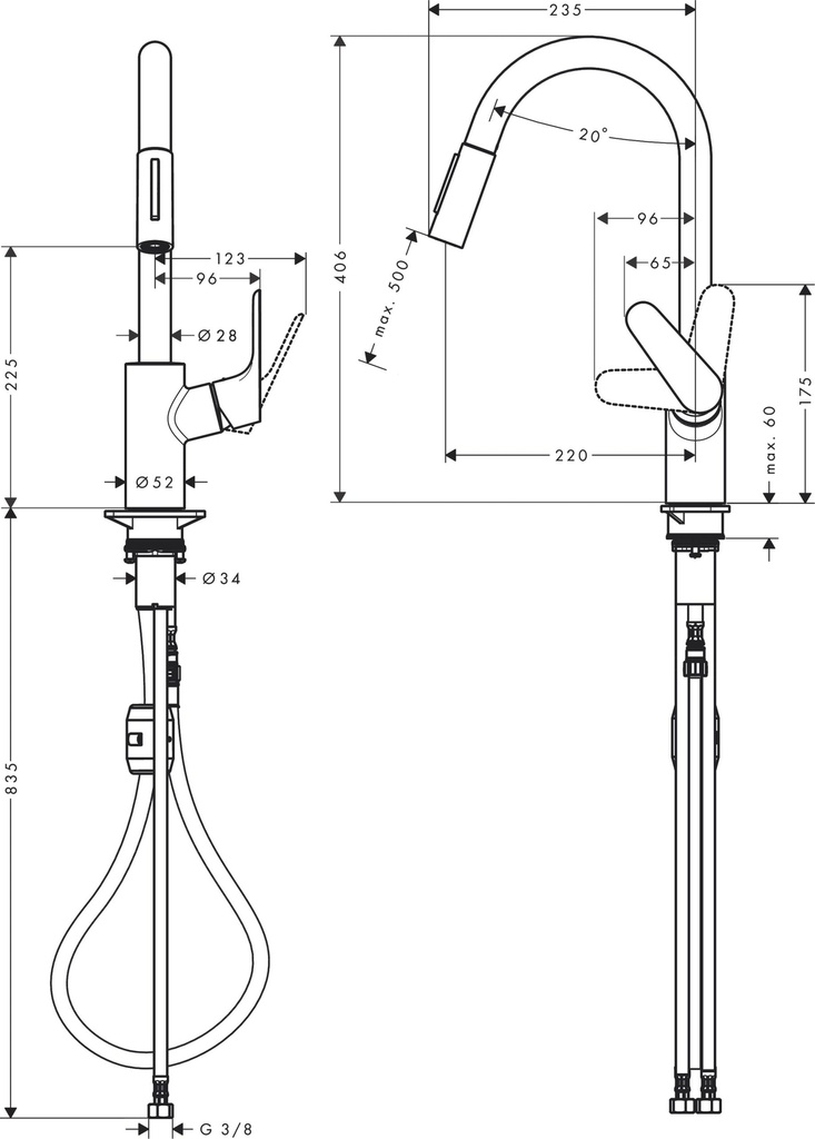 Hansgrohe Focus M41 Mezclador monomando de cocina 240 con ducha extraíble, 2jet codigo 31815000